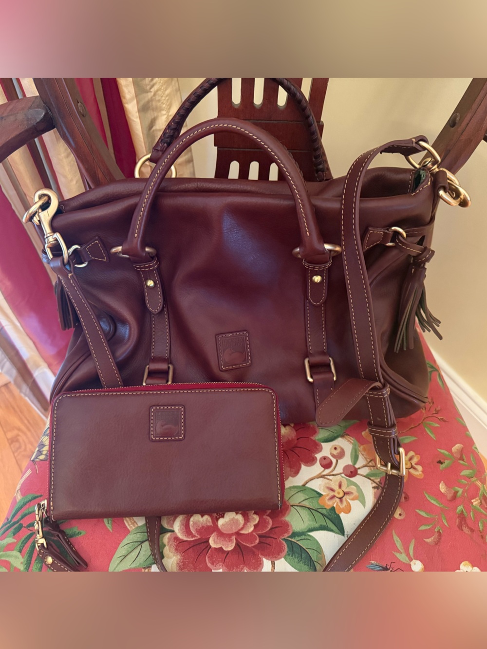 Dooney & Bourke Dark Brown Leather Duffel with matching zip wallet/wristlet.